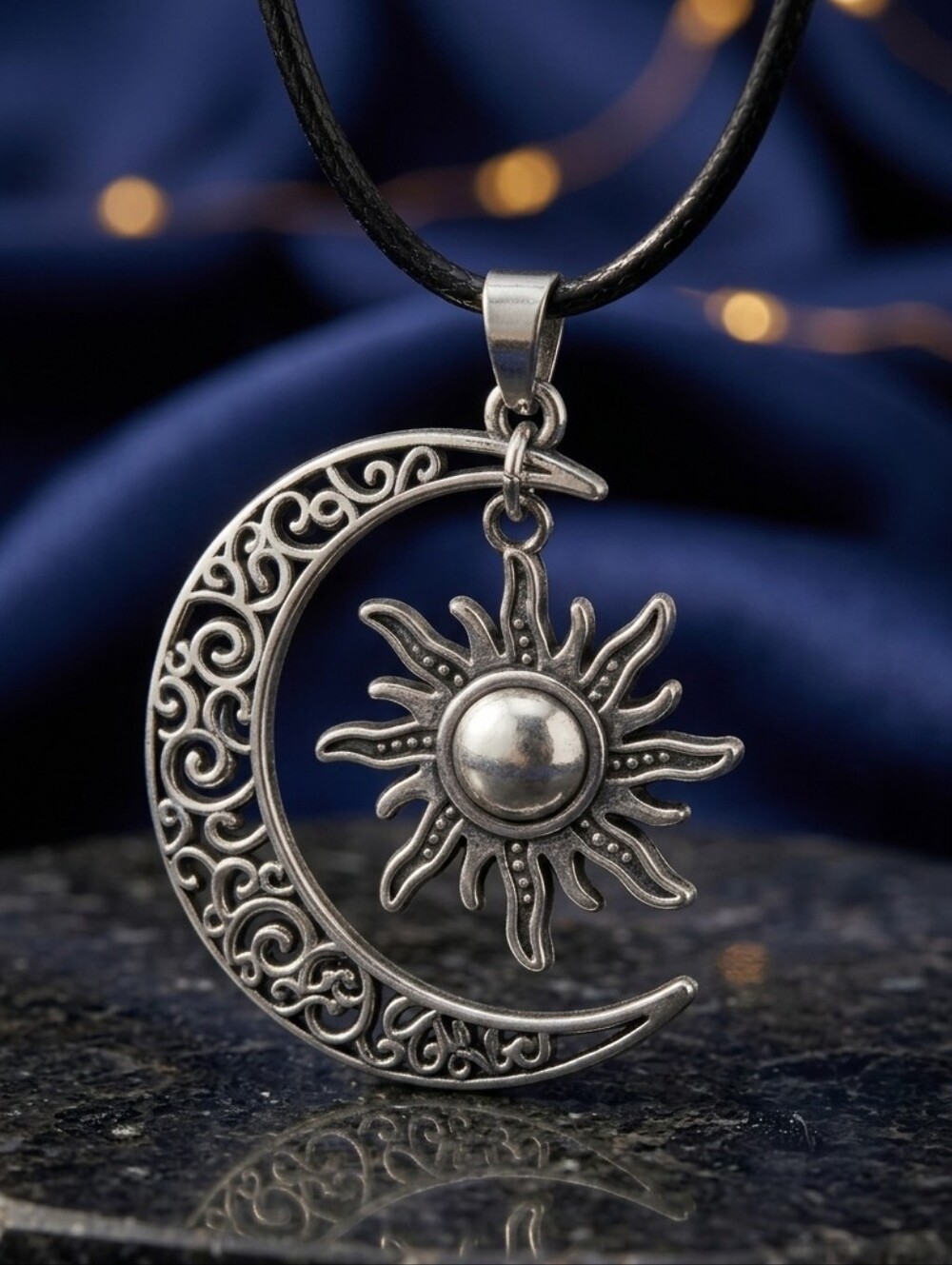 Sun Moon Silver Plated Celestial Whimsigoth Adjustable Cord Necklace 19"